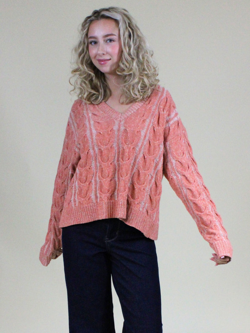 free people washed cable v neck sweater candied melon front model view 2