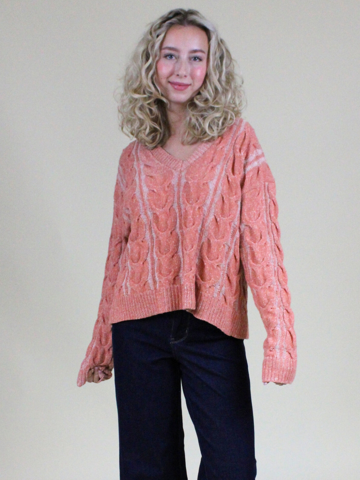 free people washed cable v neck sweater candied melon front model view