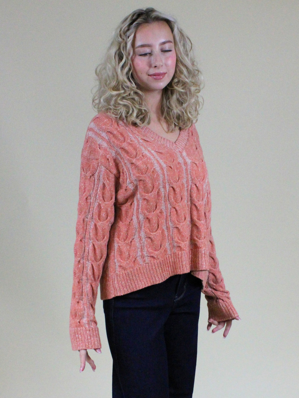 free people washed cable v neck sweater candied melon side model view