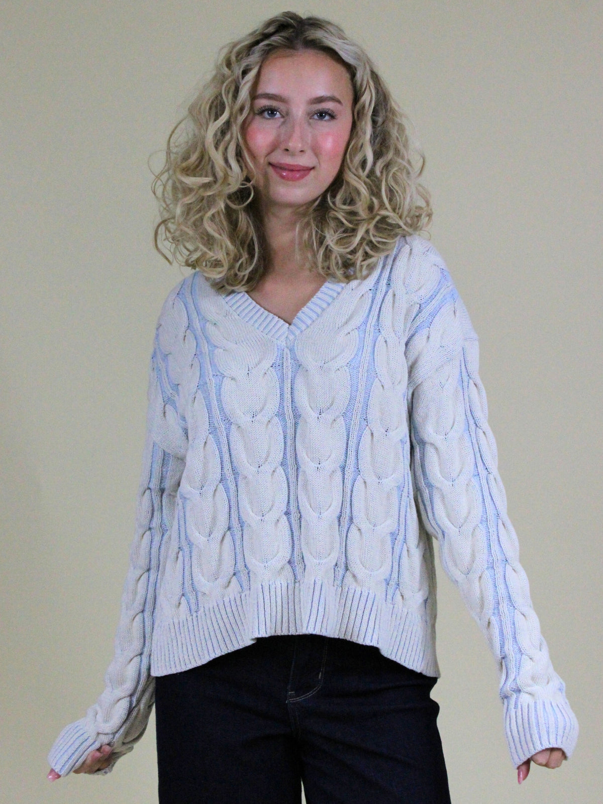 free people washed cable v neck sweater pale blue front model view