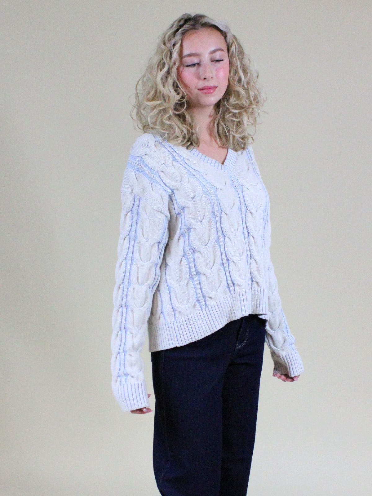 free people washed cable v neck sweater pale blue side model view