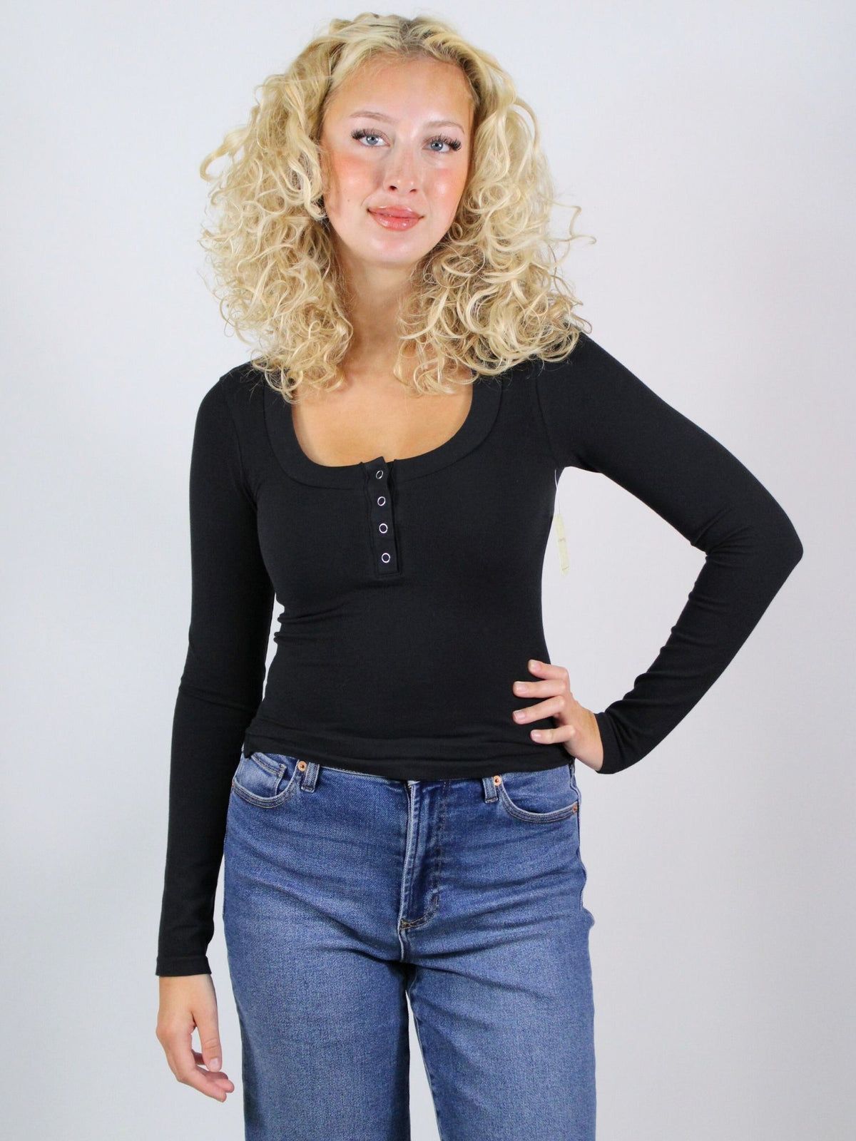 Free People Wide Awake Layering Long Sleeve Top Black