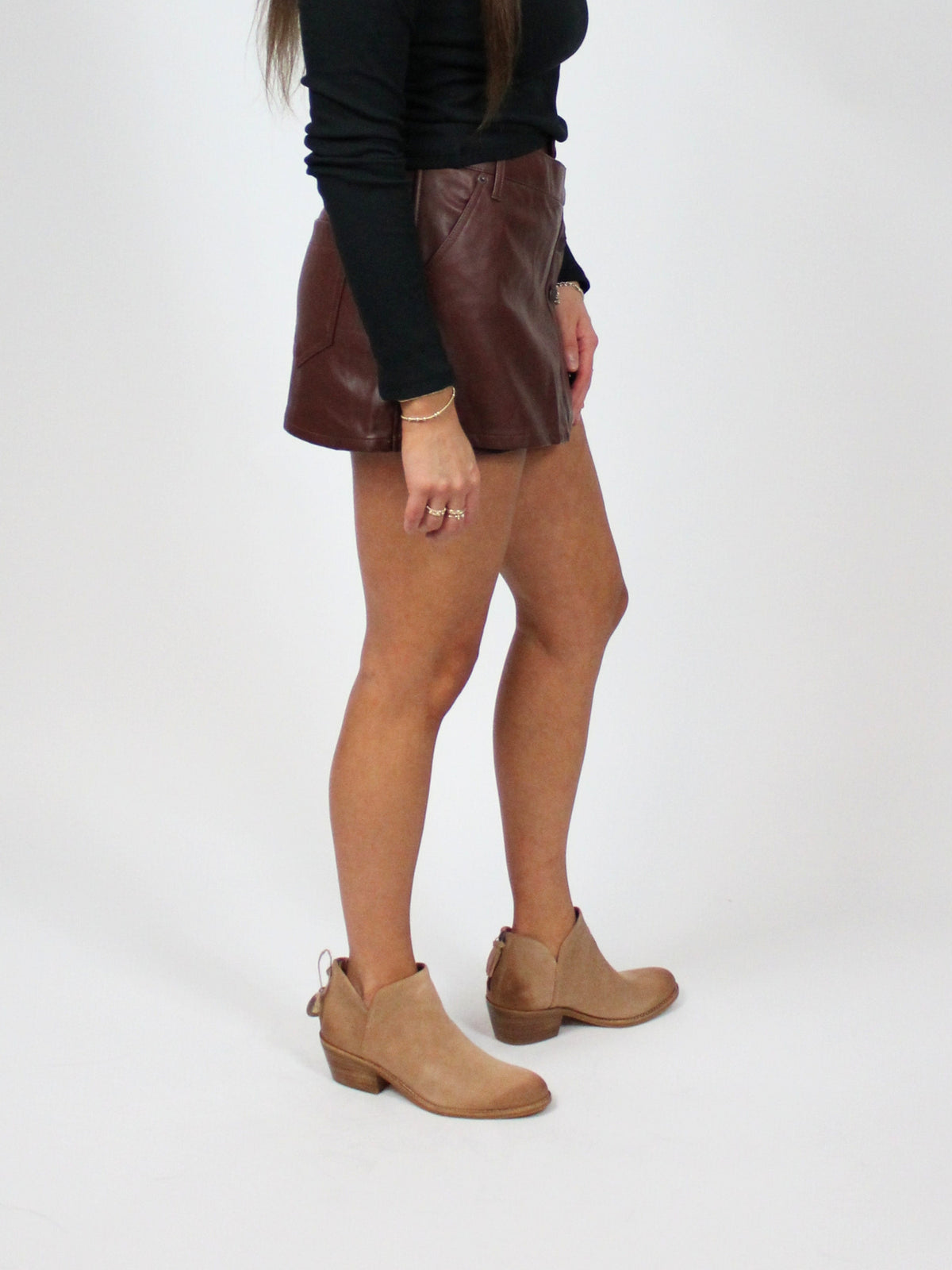 free people wynne vegan mini skirt in faux leather in chocolate-side