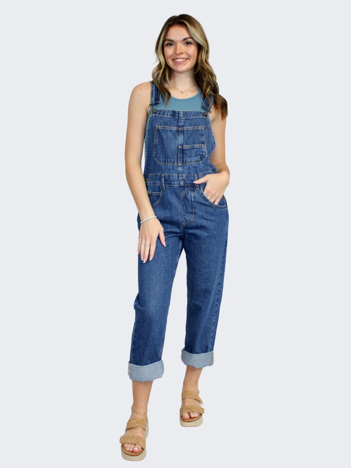 free people ziggy overalls in sapphire blue-front