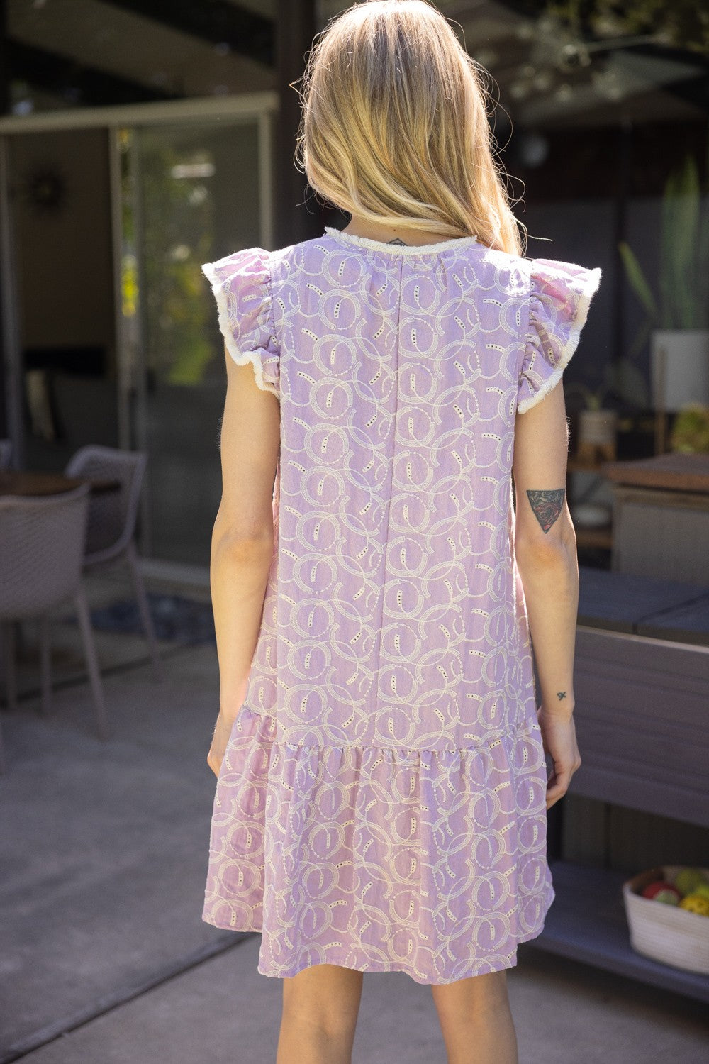 fringe detailed embroidery shift dress in lavender-back