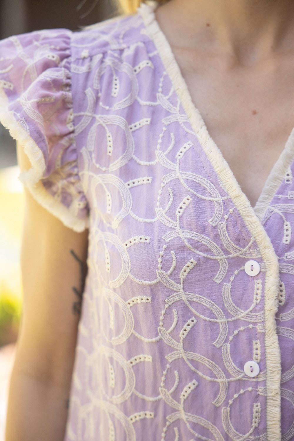 fringe detailed embroidery shift dress in lavender-front detail