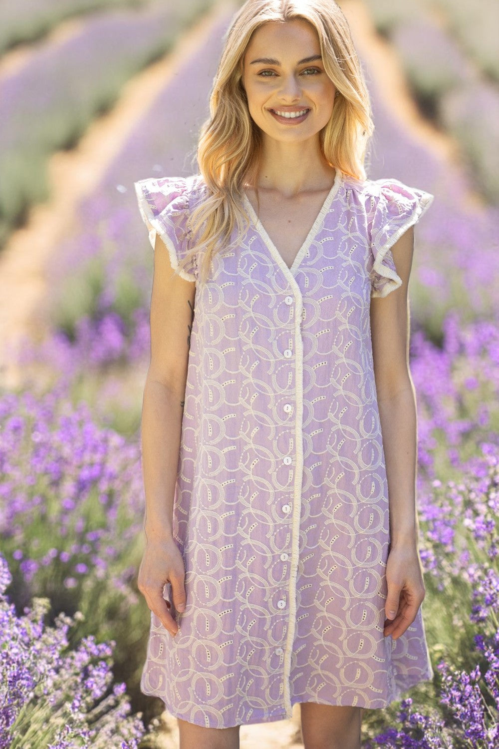 fringe detailed embroidery shift dress in lavender-front