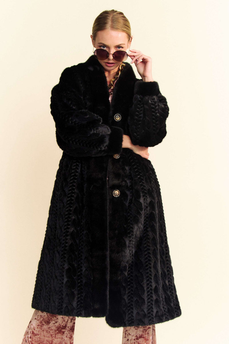 Fuzzy Fur rib patter Long Coat in black-front