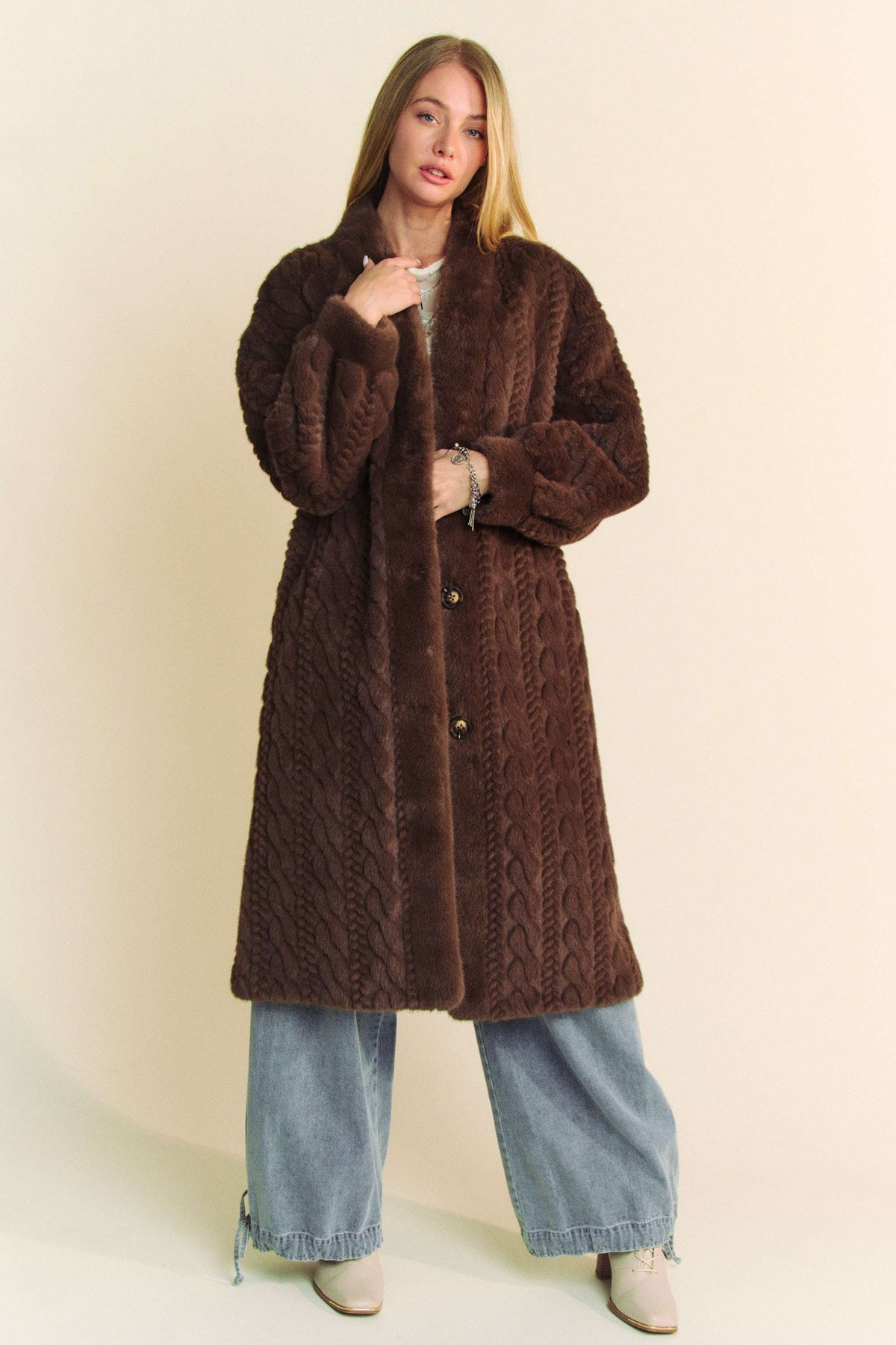 Fuzzy Fur rib patter Long Coat in brown-front