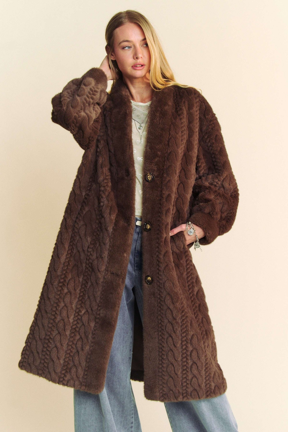 Fuzzy Fur rib patter Long Coat in brown-front