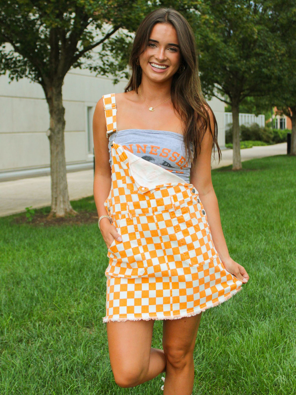 Rocky Top Checkerboard Overall Mini Dress orange white