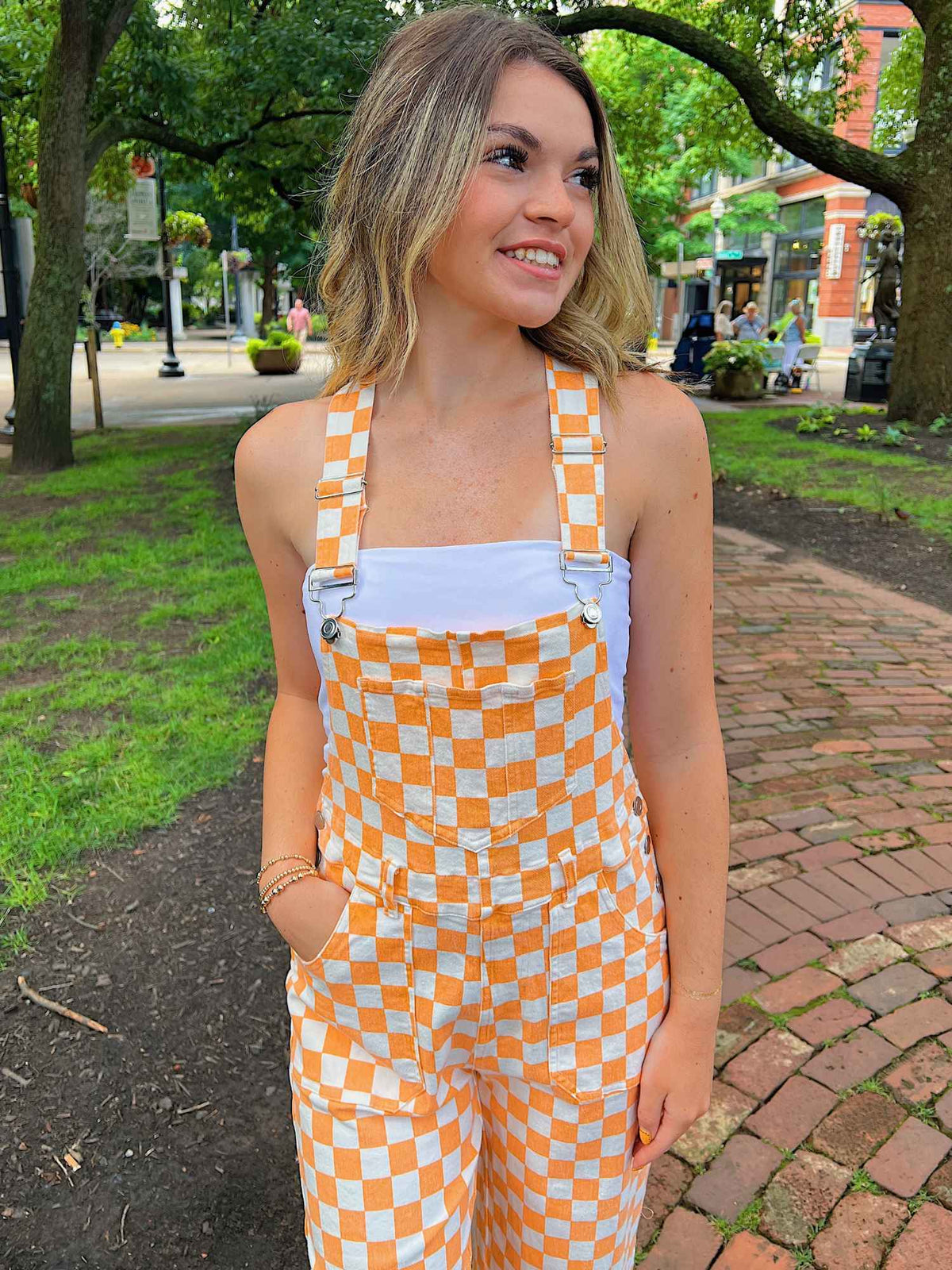 Game Day Checkered Overalls Orange