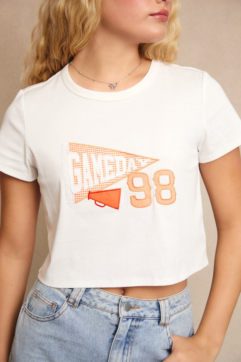 Gameday Patchwork Baby Tee in white and orange 