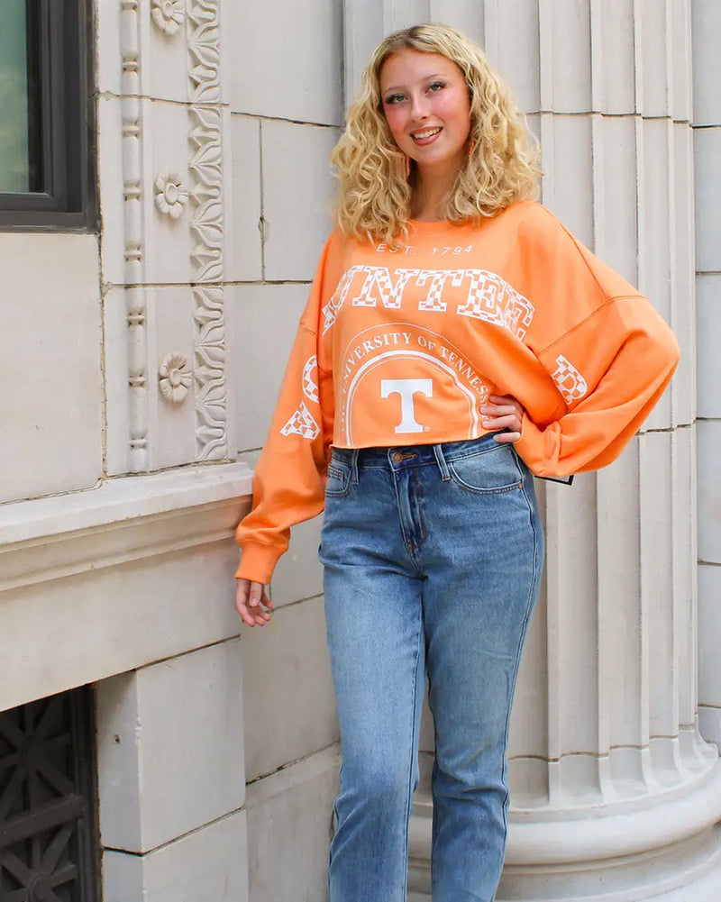 game day social tennessee phipps split cropped orange long sleeve shirt for tennessee vols game day