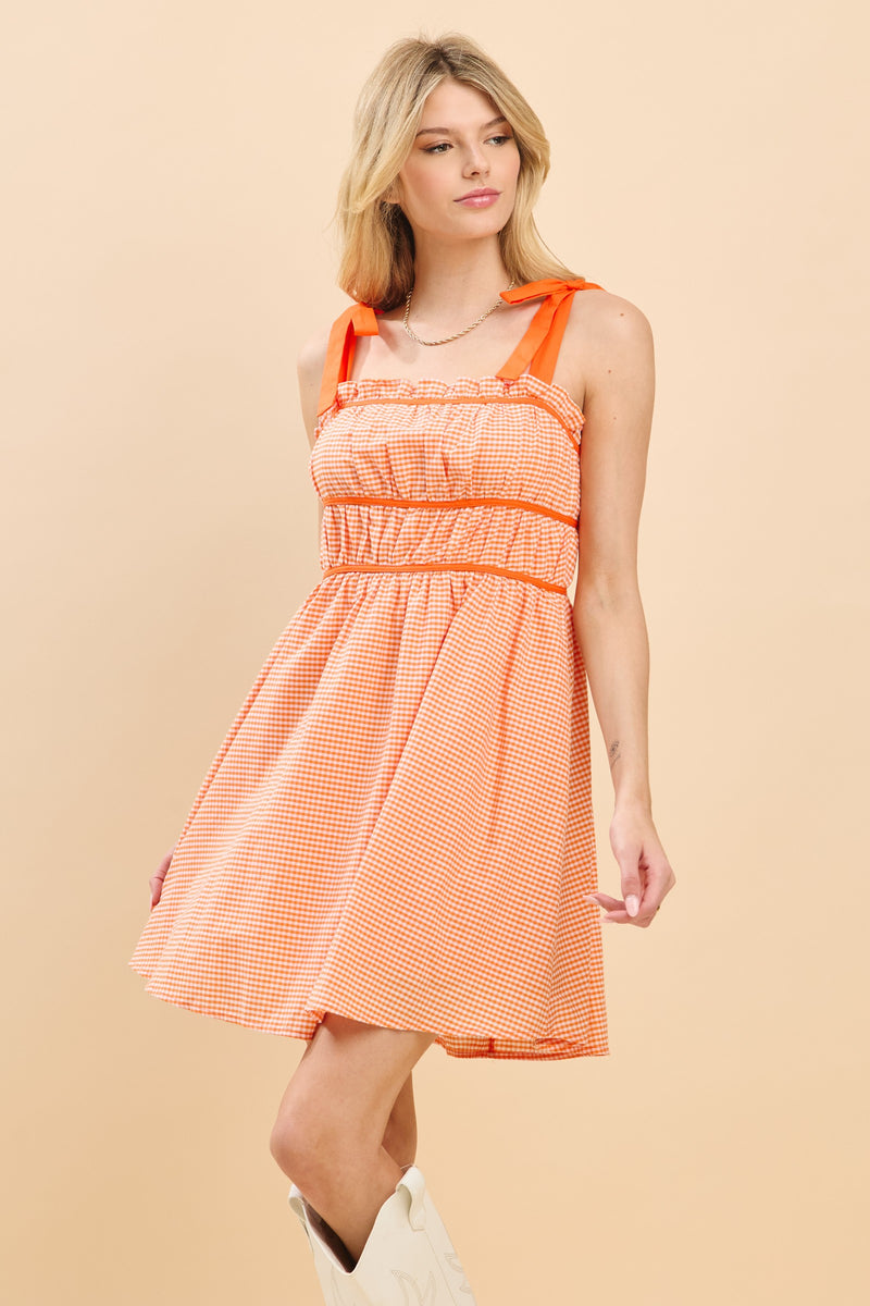 plaid print mini dress in orange and white 