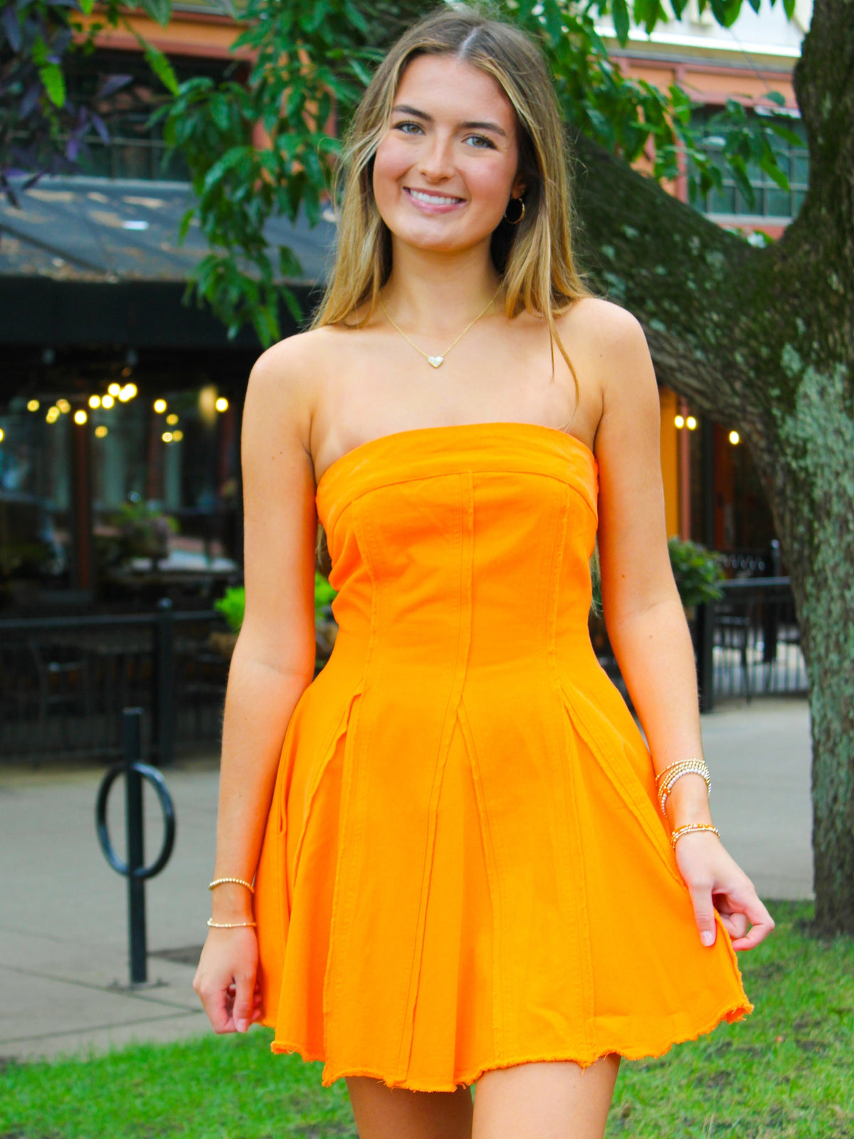 Game Day Glow Strapless Mini Dress TANGERINE / L Game Day Glow Strapless Mini Dress TANGERINE / L