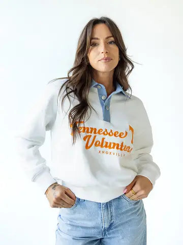 gameday social Tennessee Angel Script Denim Collar Crew