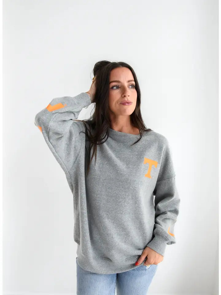 Tennessee Barkley Split Lantern Sleeve Sweatshirt in heather gray-front