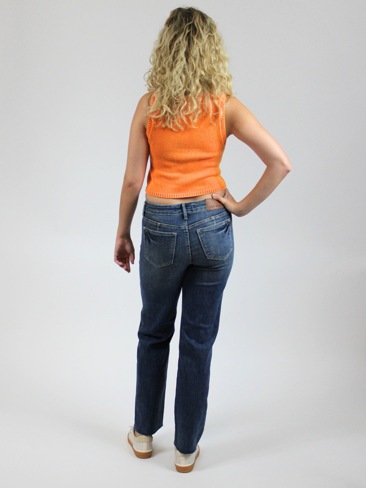 gbo knit cropped tank top in orange-back