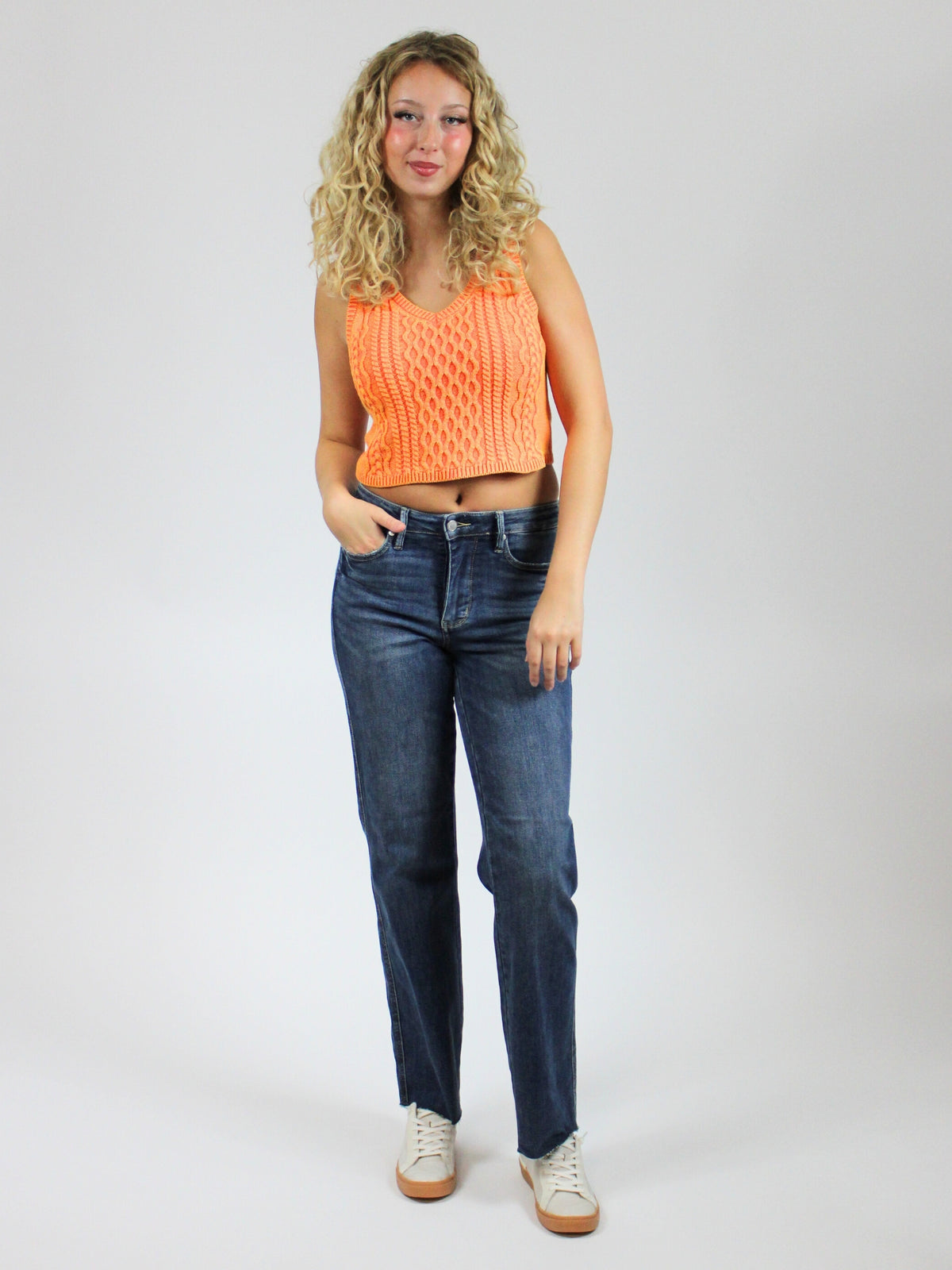 gbo knit cropped tank top in orange-front