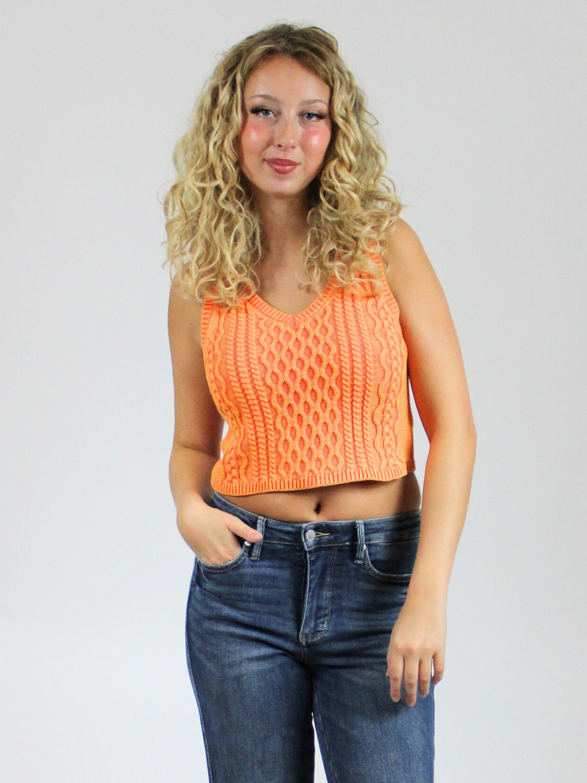 gbo knit cropped tank top in orange-front