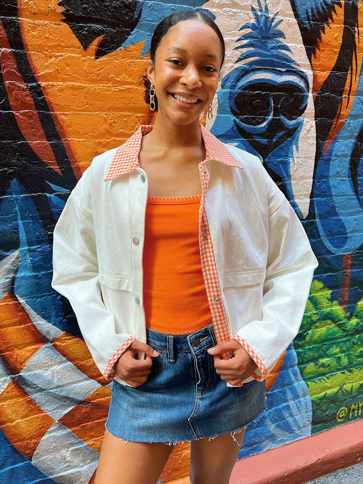 Gingham Contrast Jacket White Orange