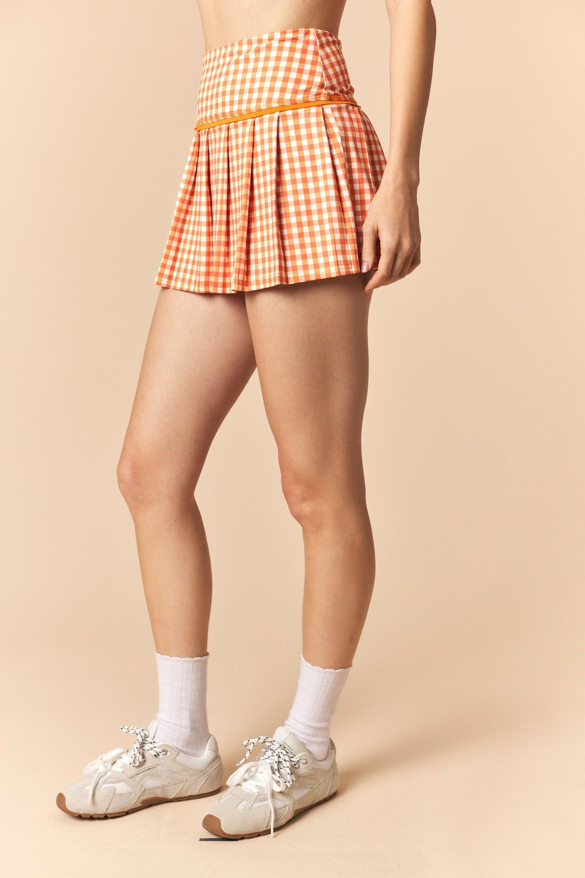 orange and white gingham pleated skort