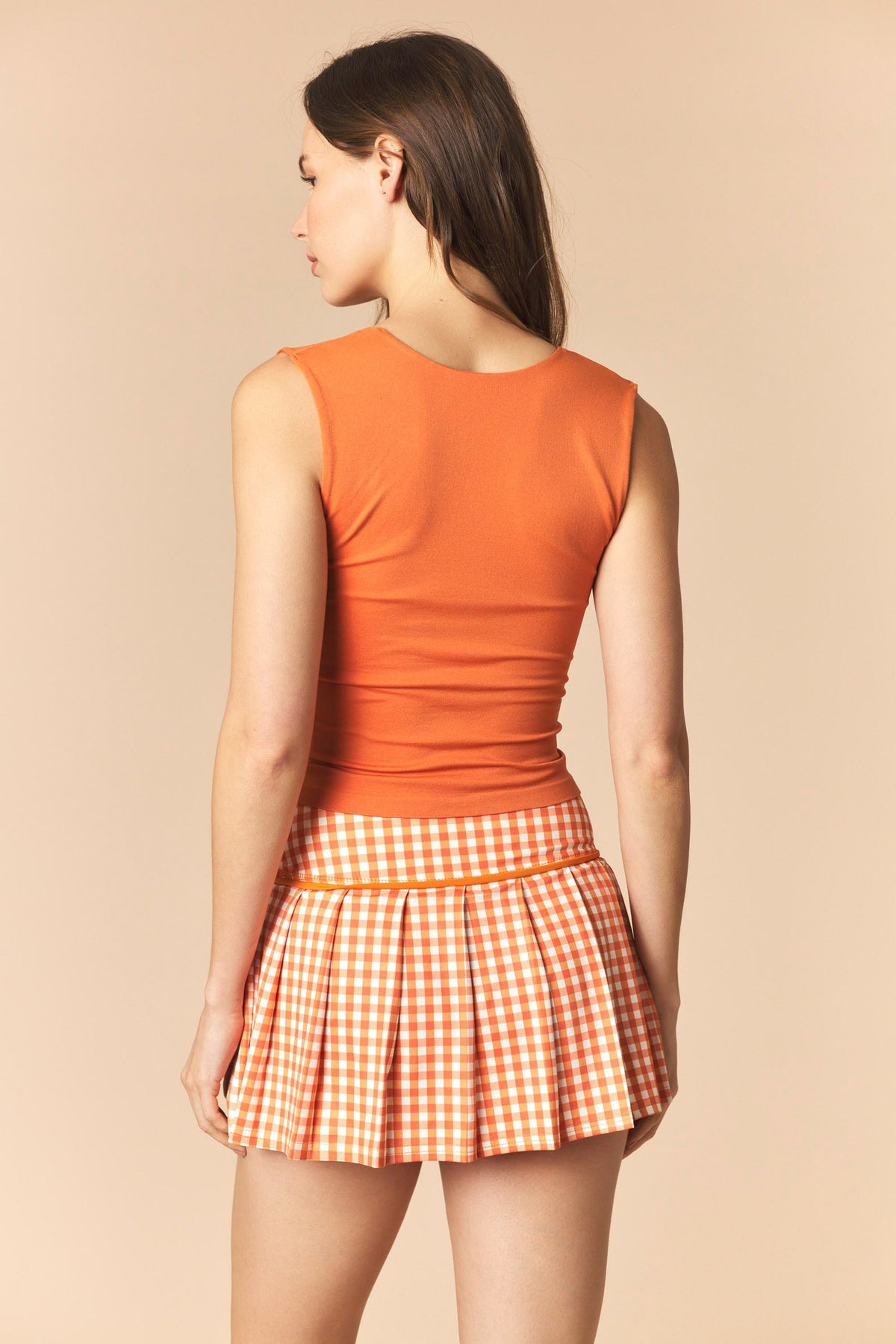 orange and white gingham pleated skort