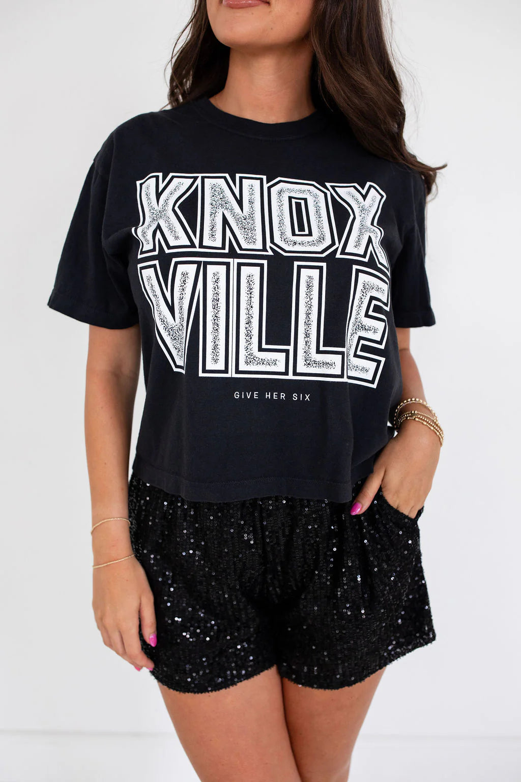 Give Her Six Knoxville Black Cropped Tee