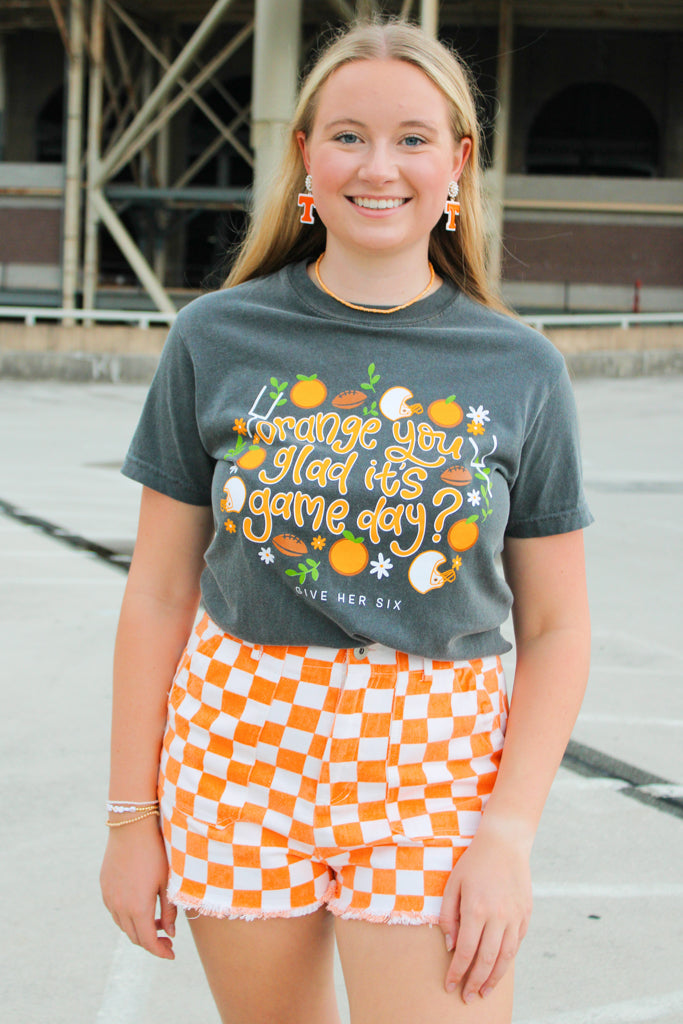 give her six orange you glad its gamedayd tee in pepper-front