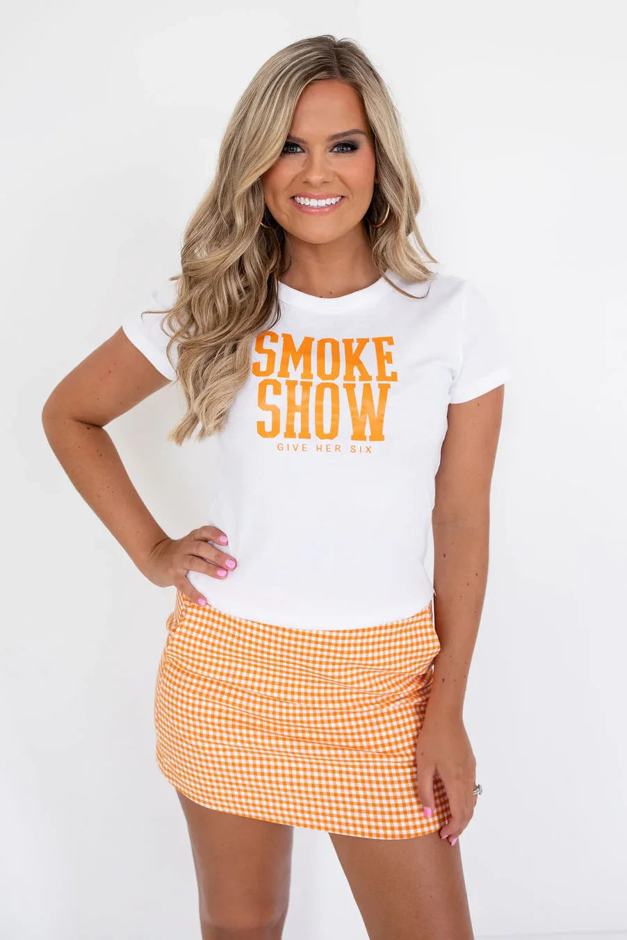 Give Her Six White & Orange Smoke Show Baby Tee