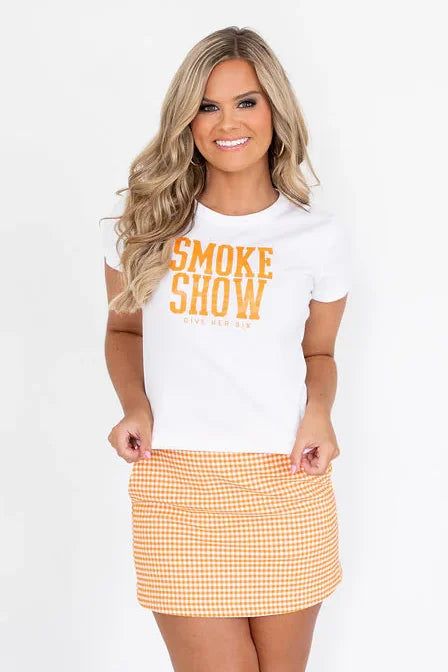 Give Her Six White & Orange Smoke Show Baby Tee