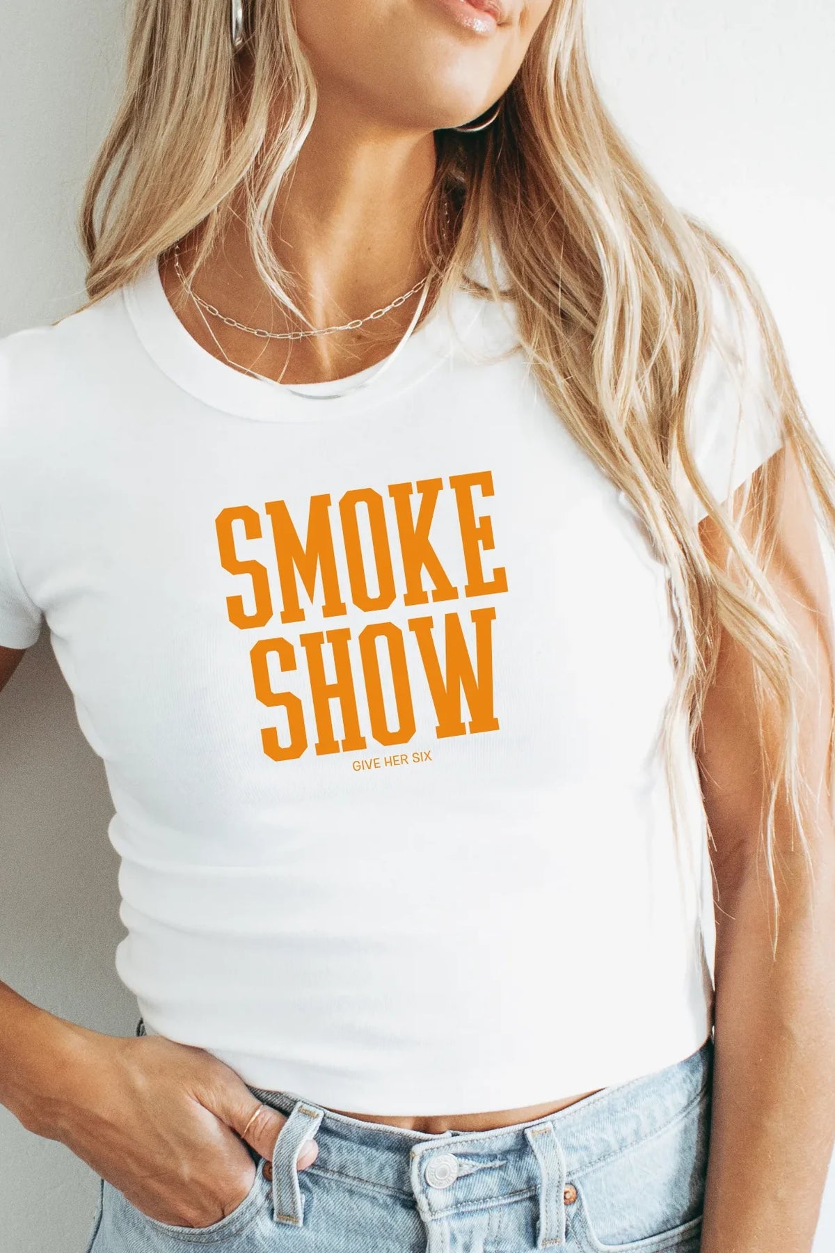 Give Her Six White & Orange Smoke Show Baby Tee