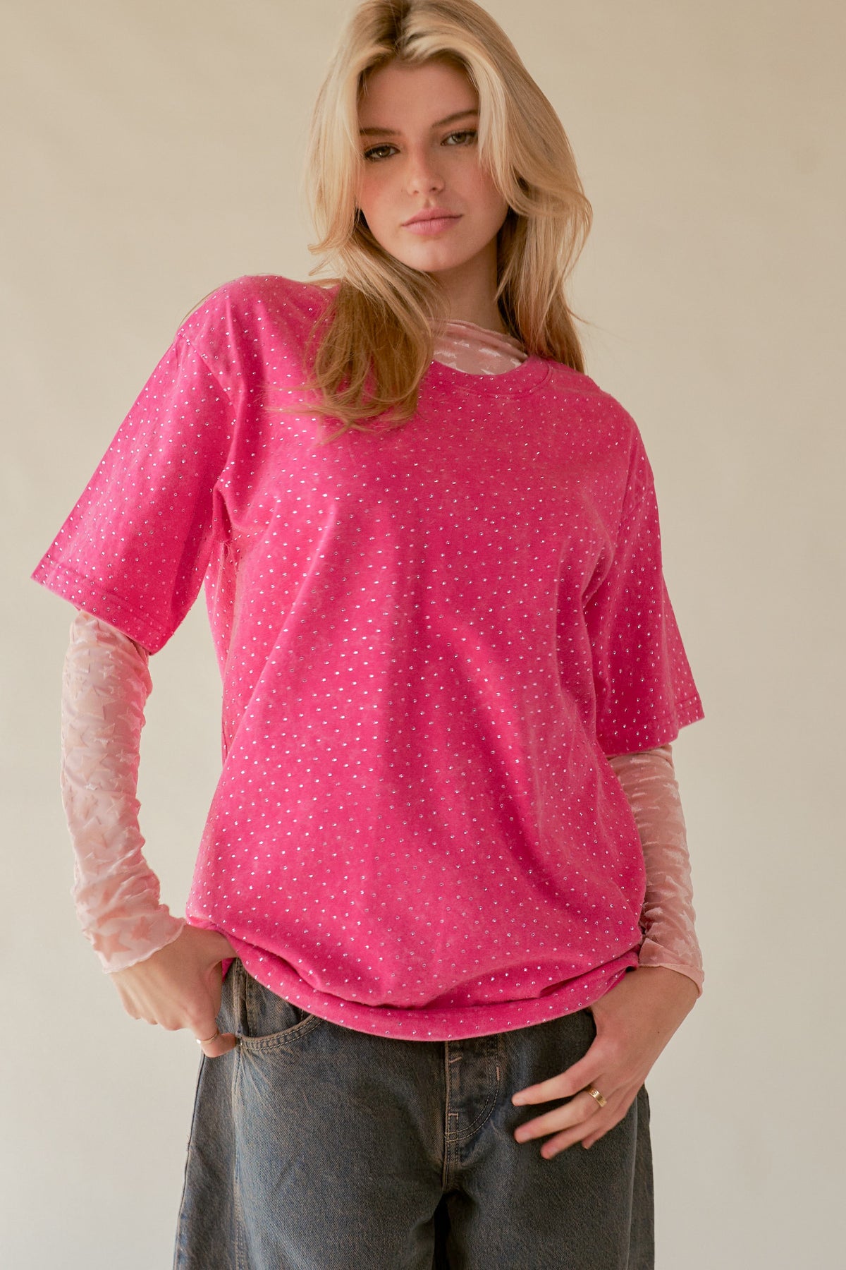 glitter sparkle t-shirt in hot pink-front