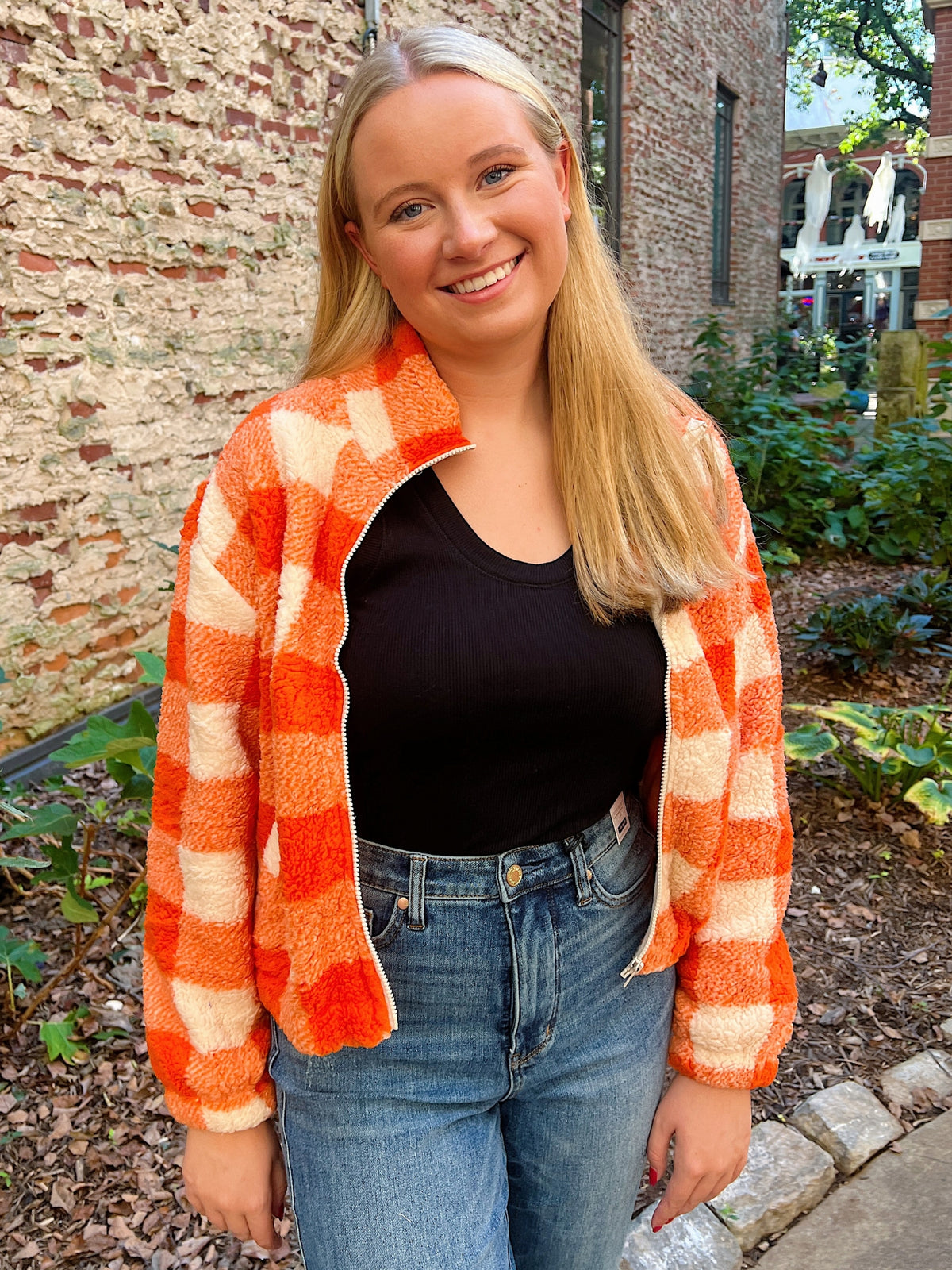 tennessee vols game day plaid orange and white faux fur jacket