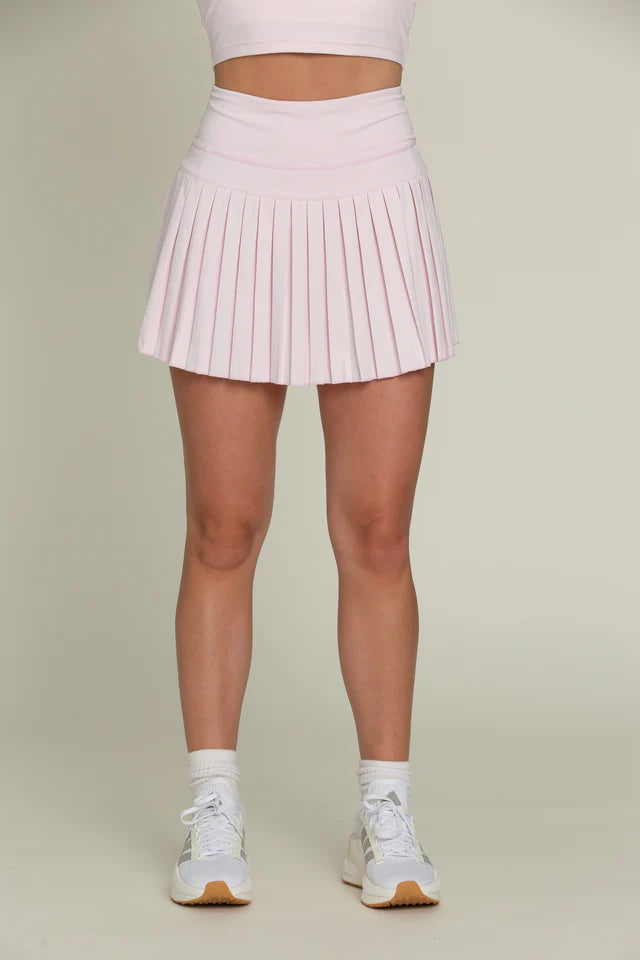 Gold Hinge 15" Pleated Tennis Skirt in pearl pink-front