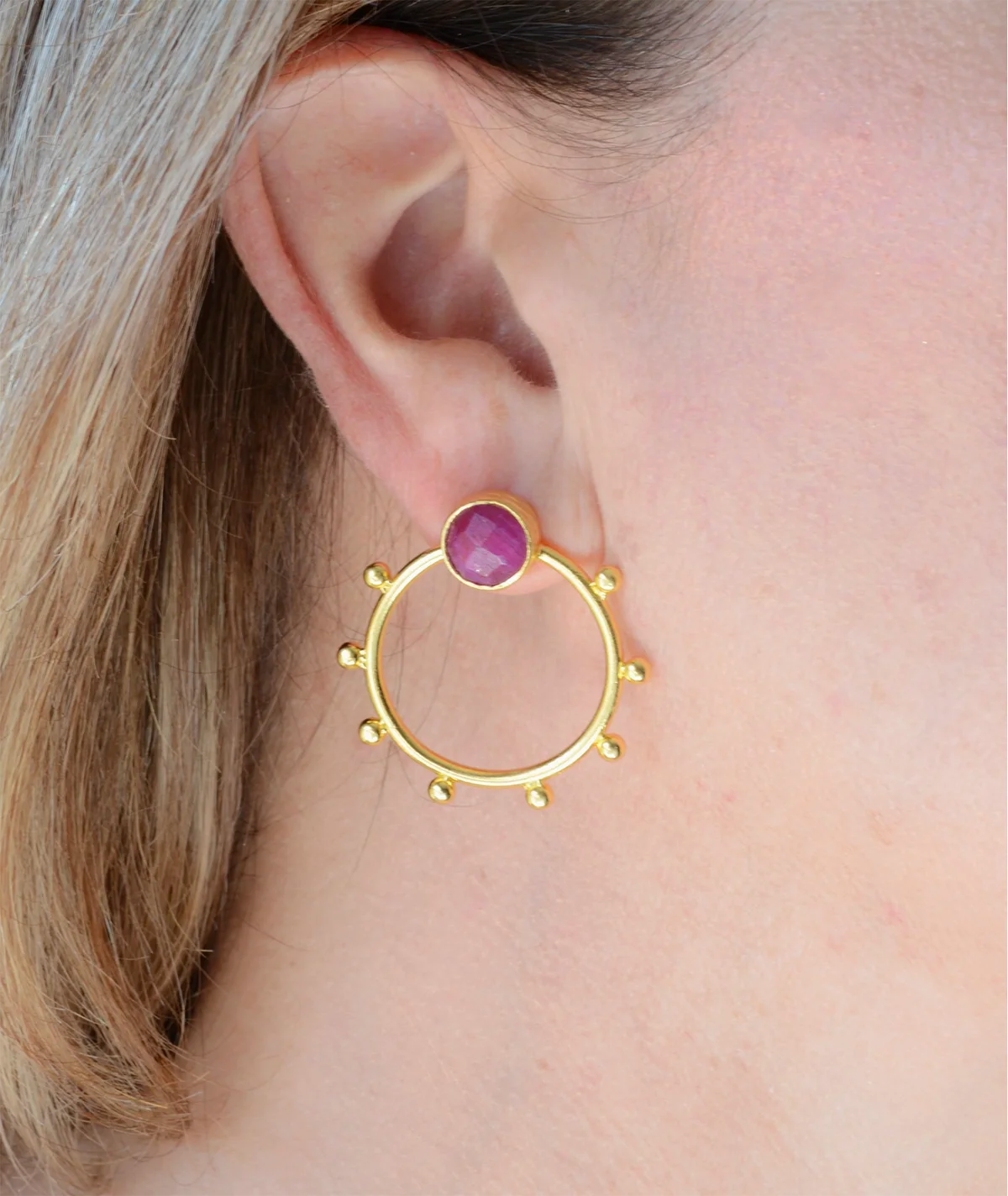 Gold Sphere Ruby Post Earrings AJS Design Studio