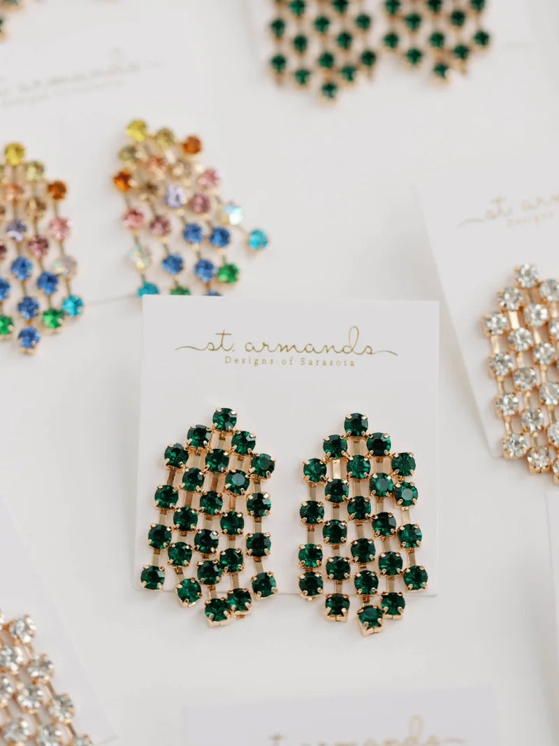 Green Rhinestone Tassel Statement Earrings