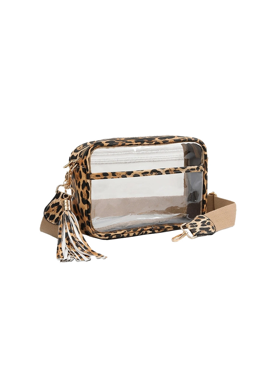 Clear Stadium Approved Camera Crossbody Bag with Tassel Vegan Leather Leopard