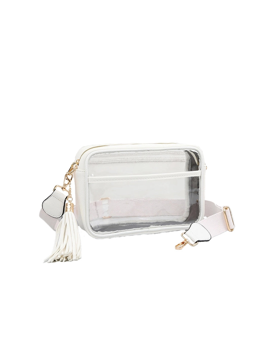 Clear Stadium Approved Camera Crossbody Bag with Tassel Vegan Leather White