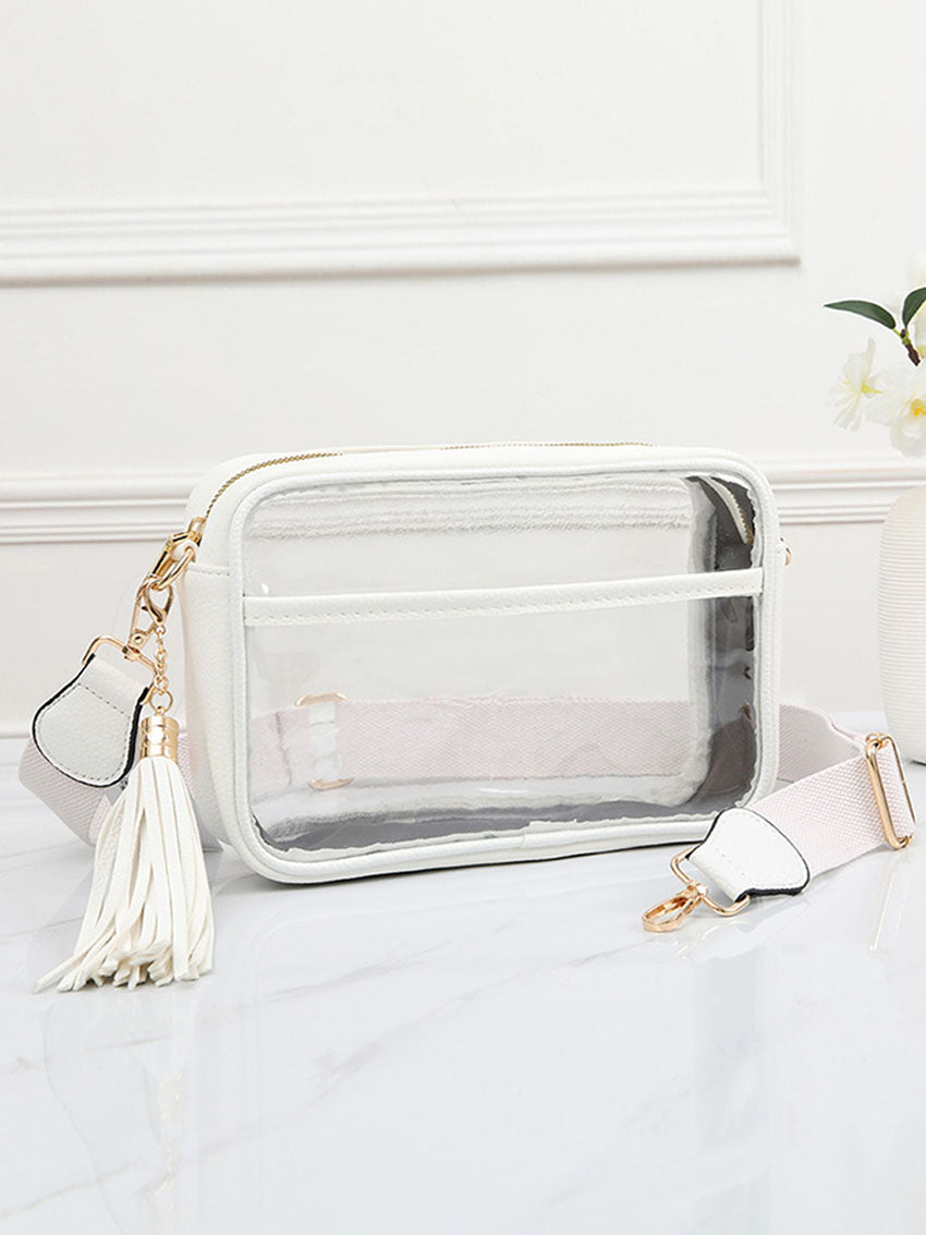 Clear Stadium Approved Camera Crossbody Bag with Tassel Vegan Leather White