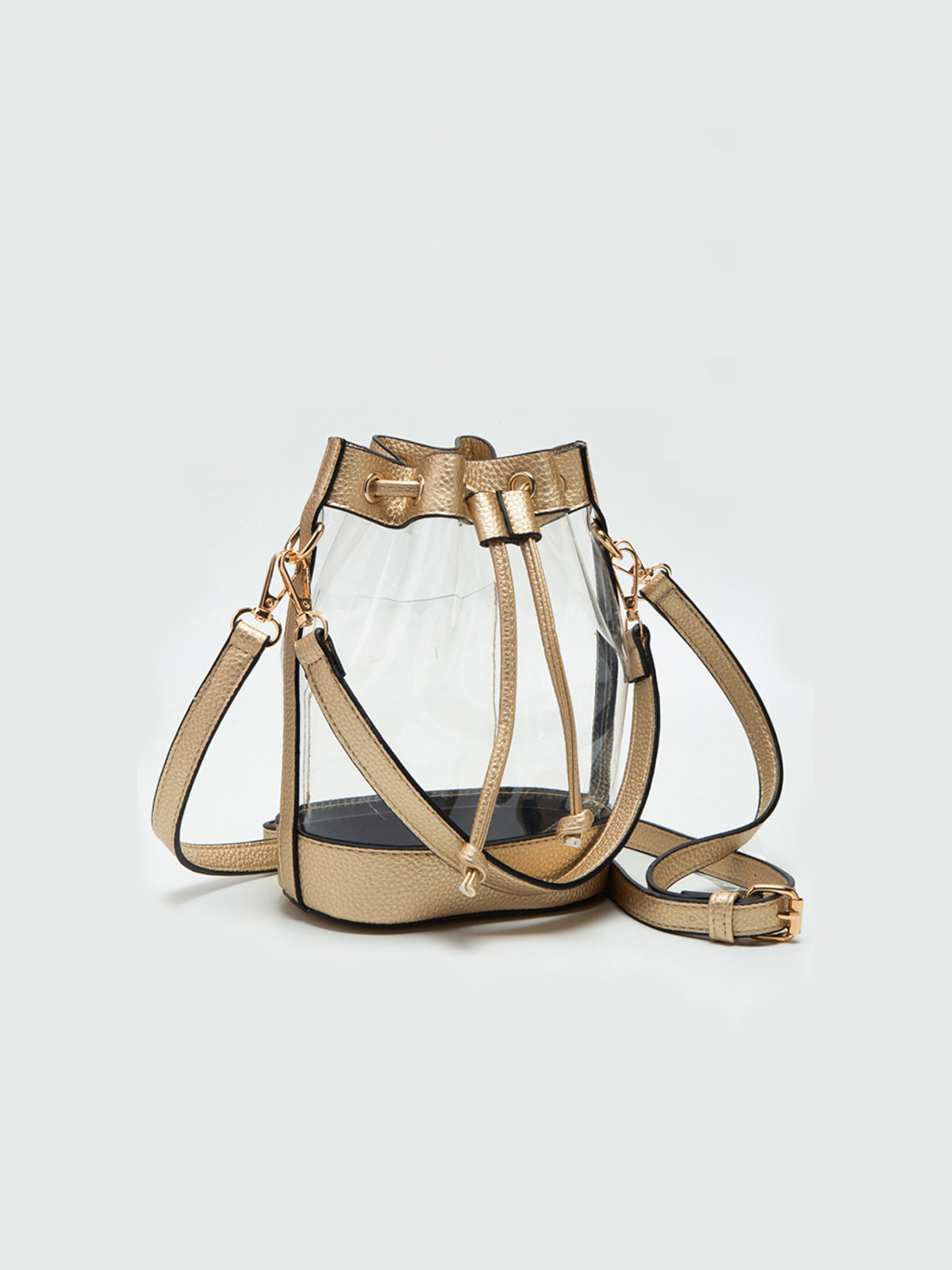 Clear Drawstring Stadium Approved Bucket Crossbody Bag Gold Vegan Leather