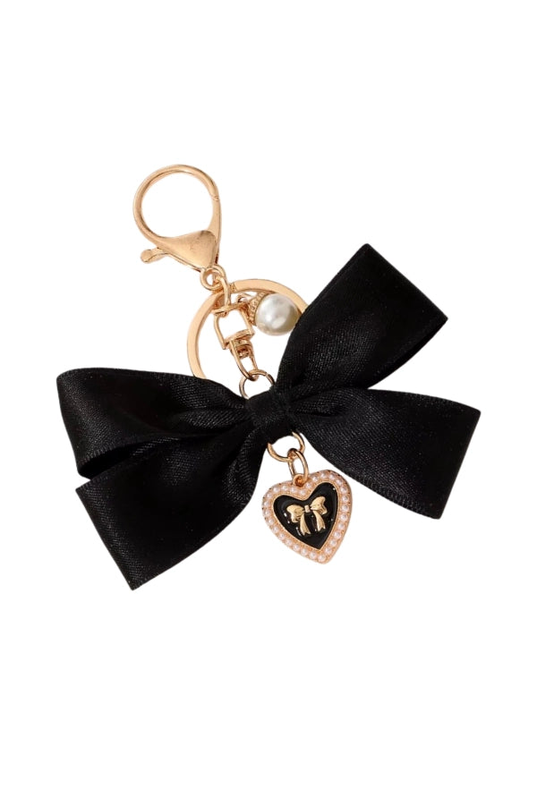 black bow pearl heart charm keychain bag charm