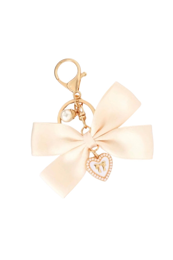 cream bow pearl heart charm keychain bag charm