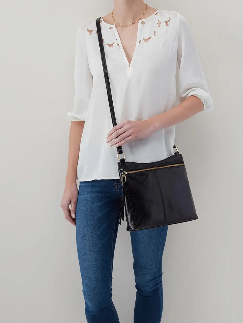 hobo cambel crossbody bag in black polished leather