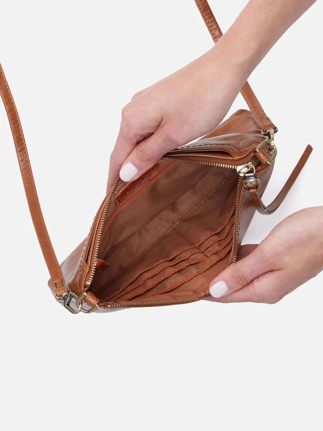 HOBO Darcy Polished Leather Crossbody in Truffle