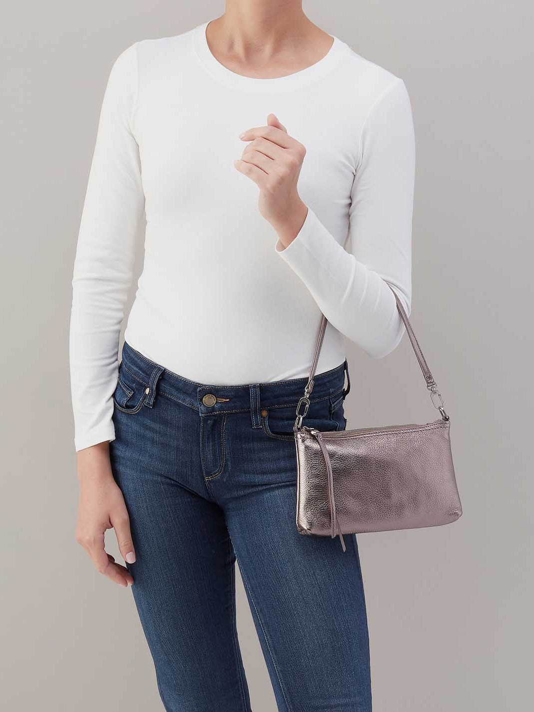 HOBO Darcy Metallic Leather Crossbody Convertible Bag Pewter Spur