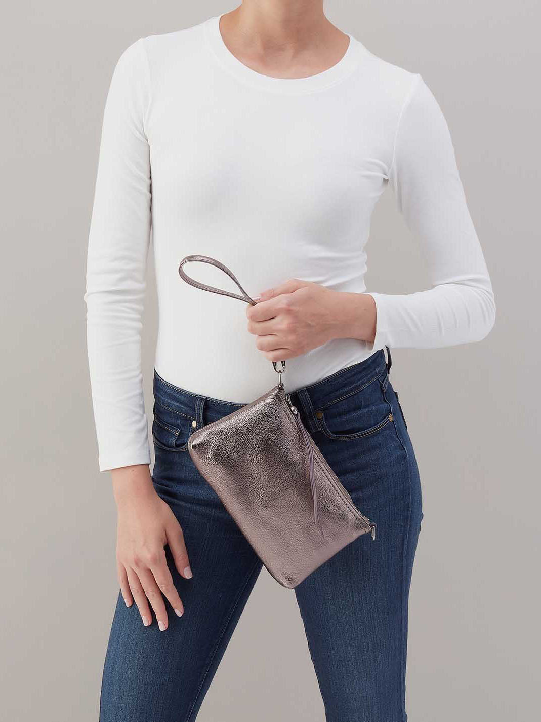 HOBO Darcy Metallic Leather Crossbody Convertible Bag Pewter Spur