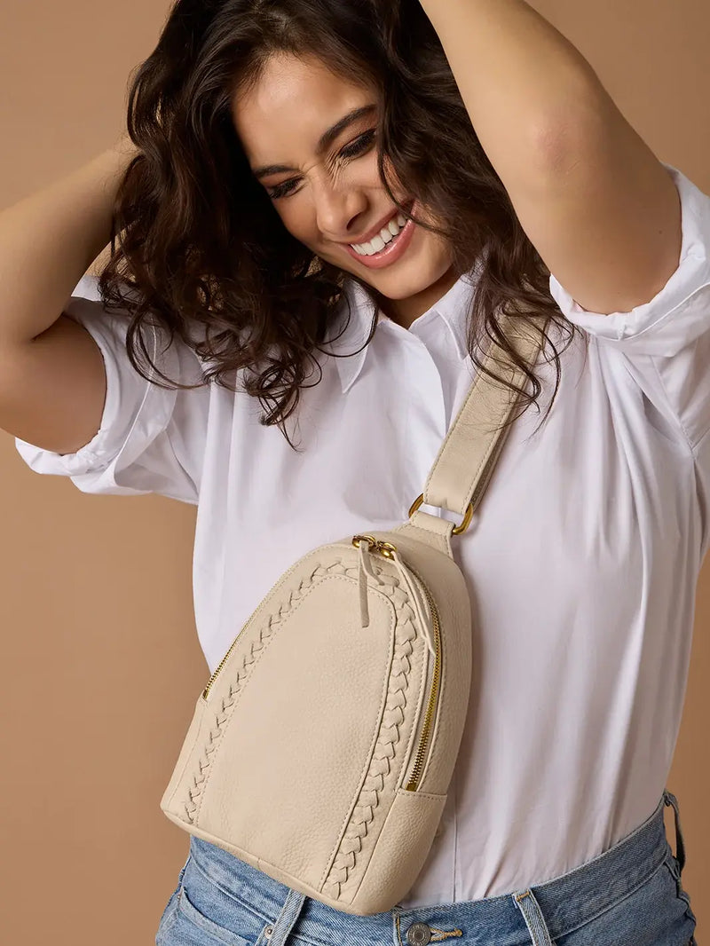HOBO Fern Pebbled Leather Sling Bag Birch with Bandana Webbing Strap