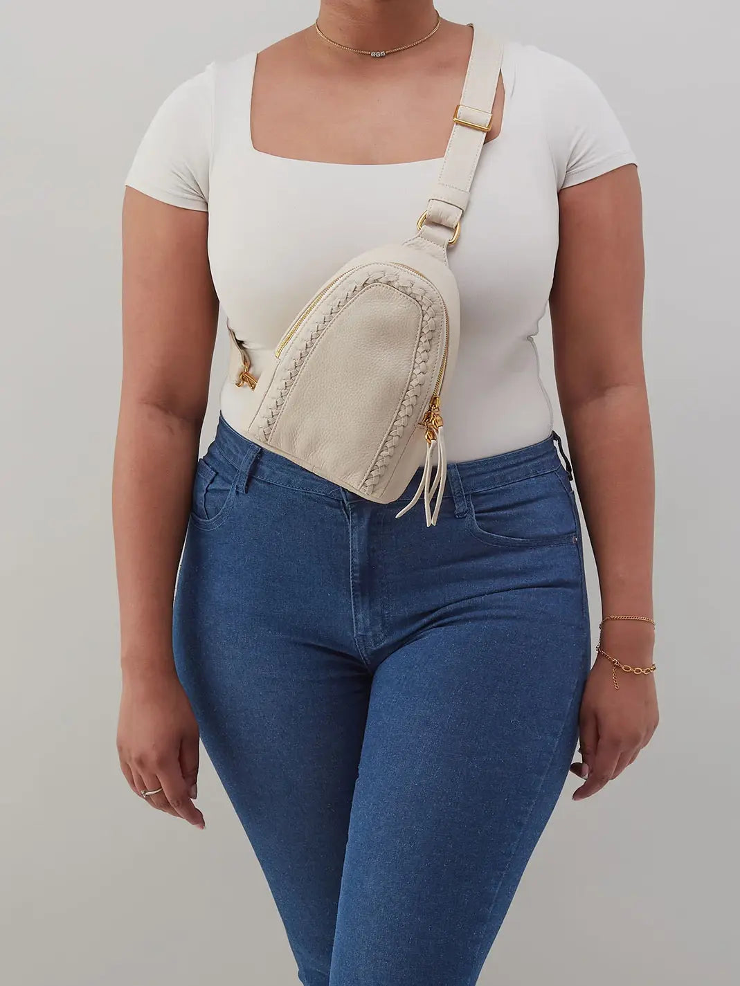 HOBO Fern Pebbled Leather Sling Bag Birch with Bandana Webbing Strap